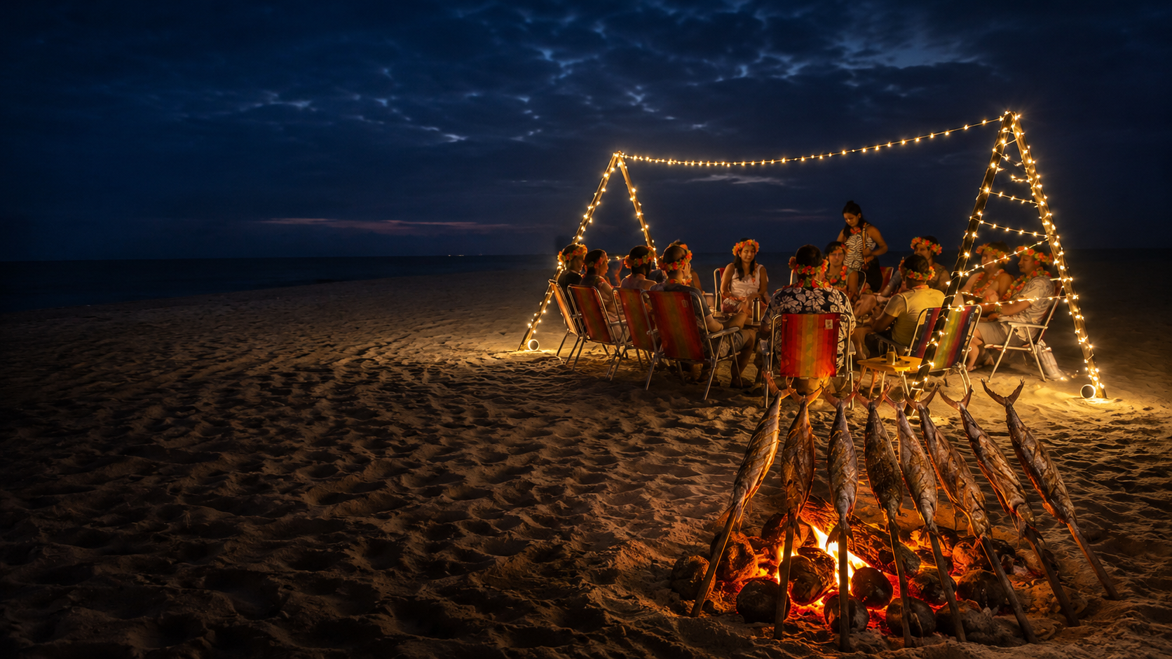 Jantar especial à beira-mar com iluminação decorativa e peixe na brasa