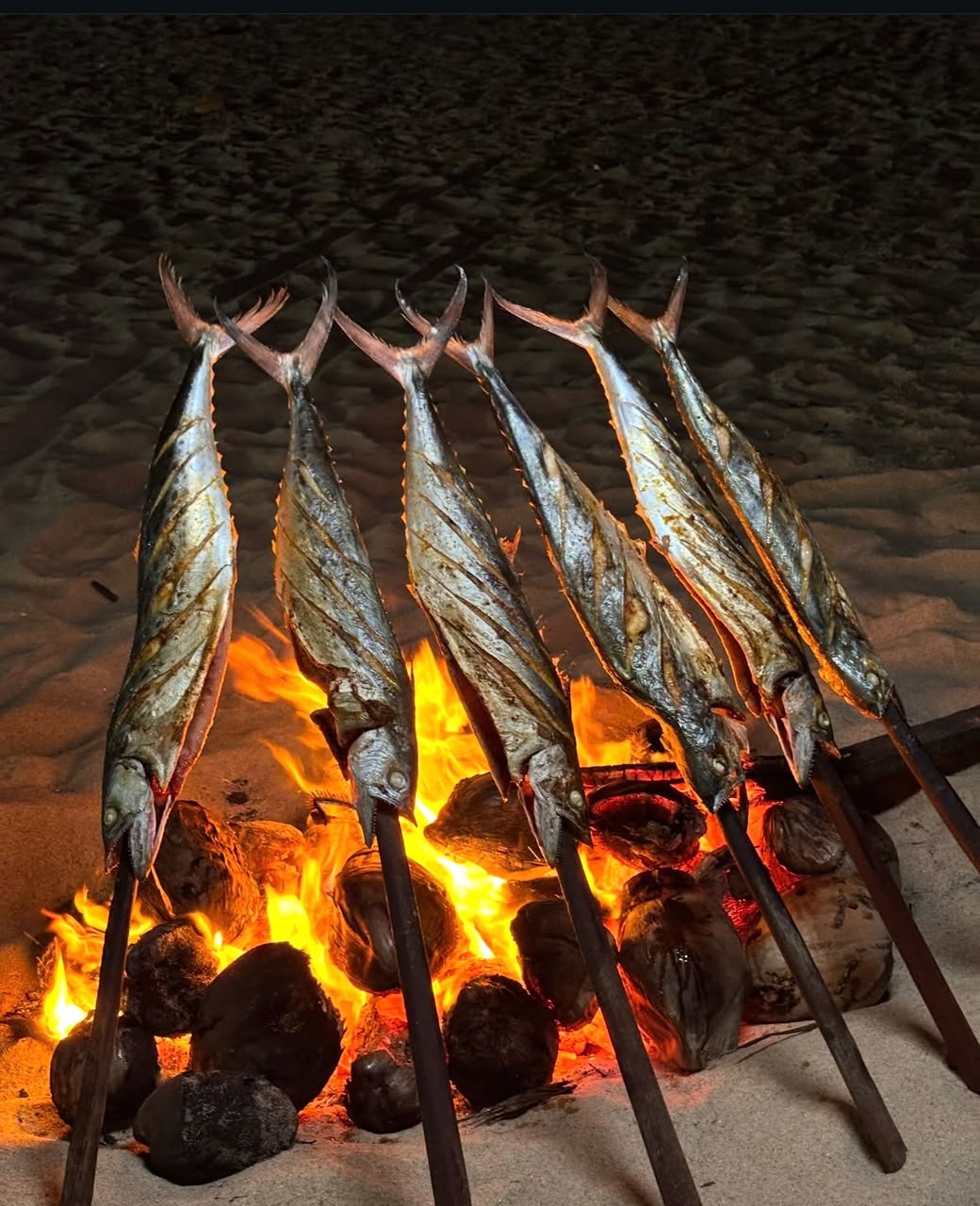 Mãos virando peixes sobre a brasa em grelha artesanal na praia