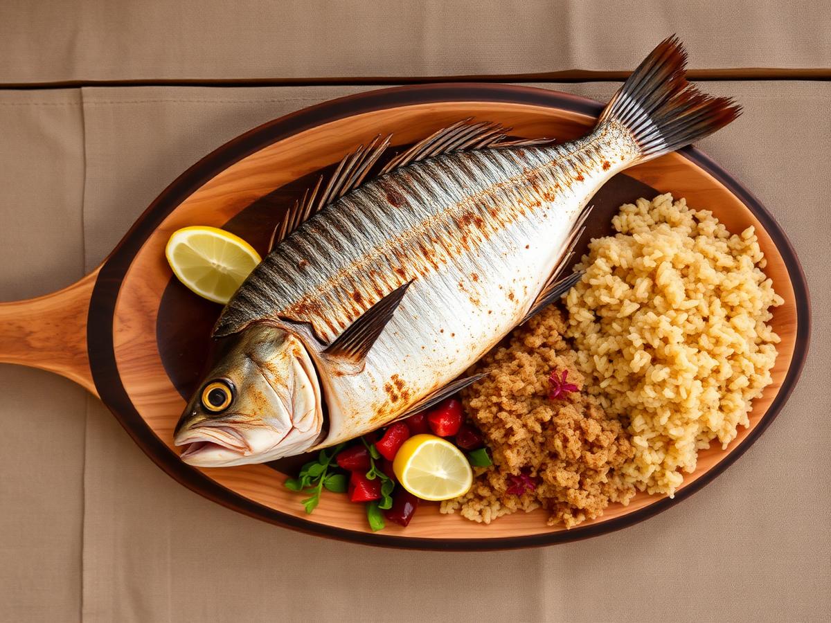 Peixe assado servido com arroz, farofa e limão