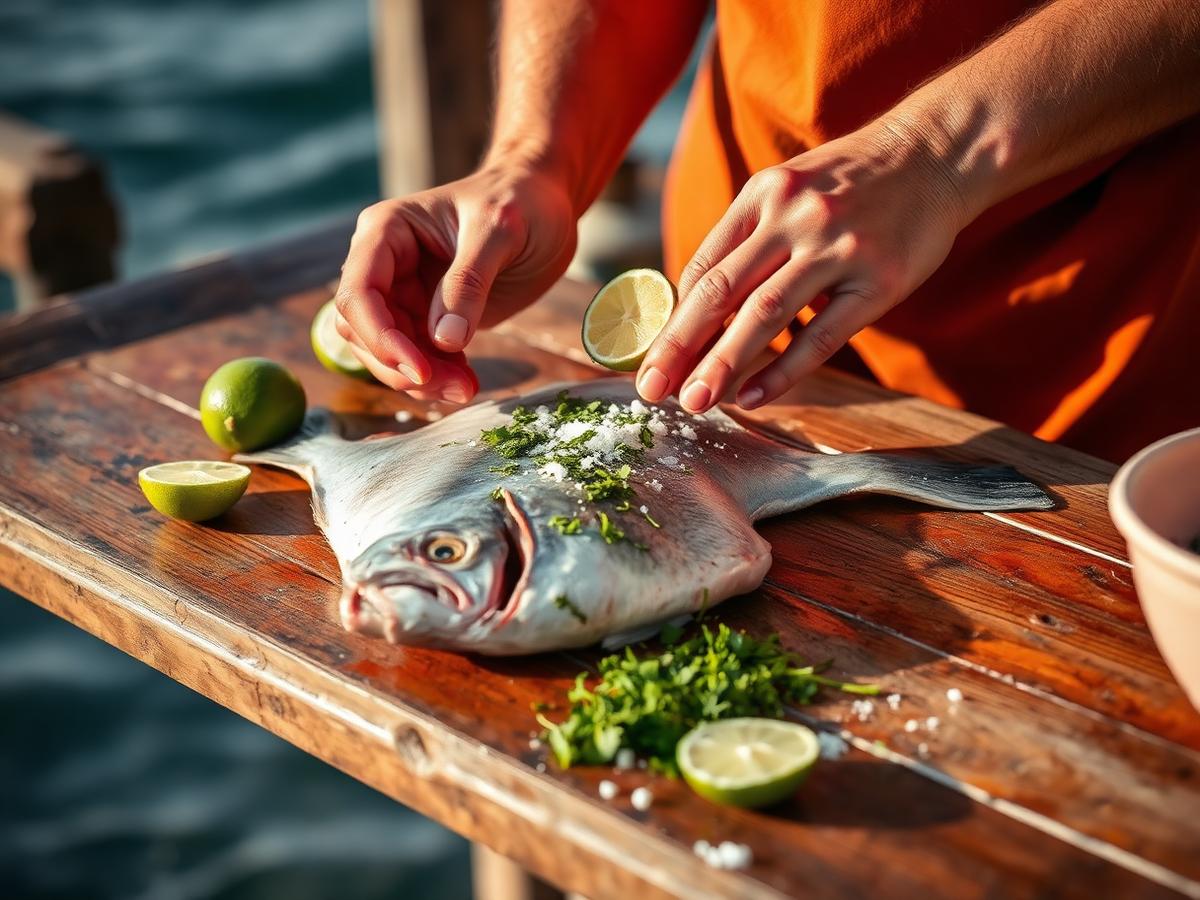 Preparação do peixe fresco com limão, sal e ervas
