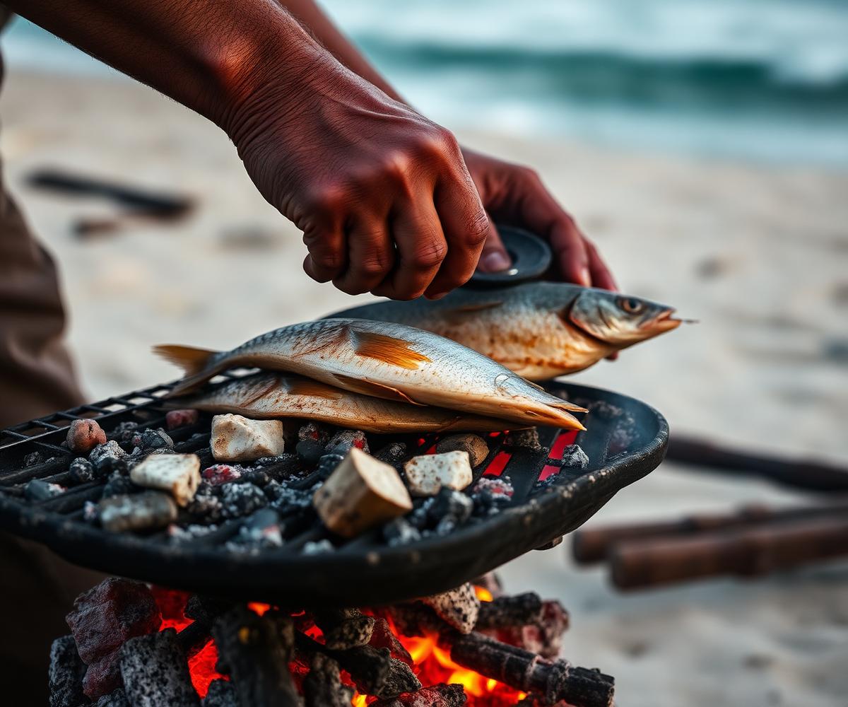 Preparo do peixe sobre a brasa na areia